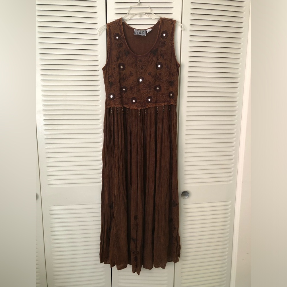 Vintage Boho MPH Sleeveless Brown Embroidered Maxi Dress with mirrors and beads